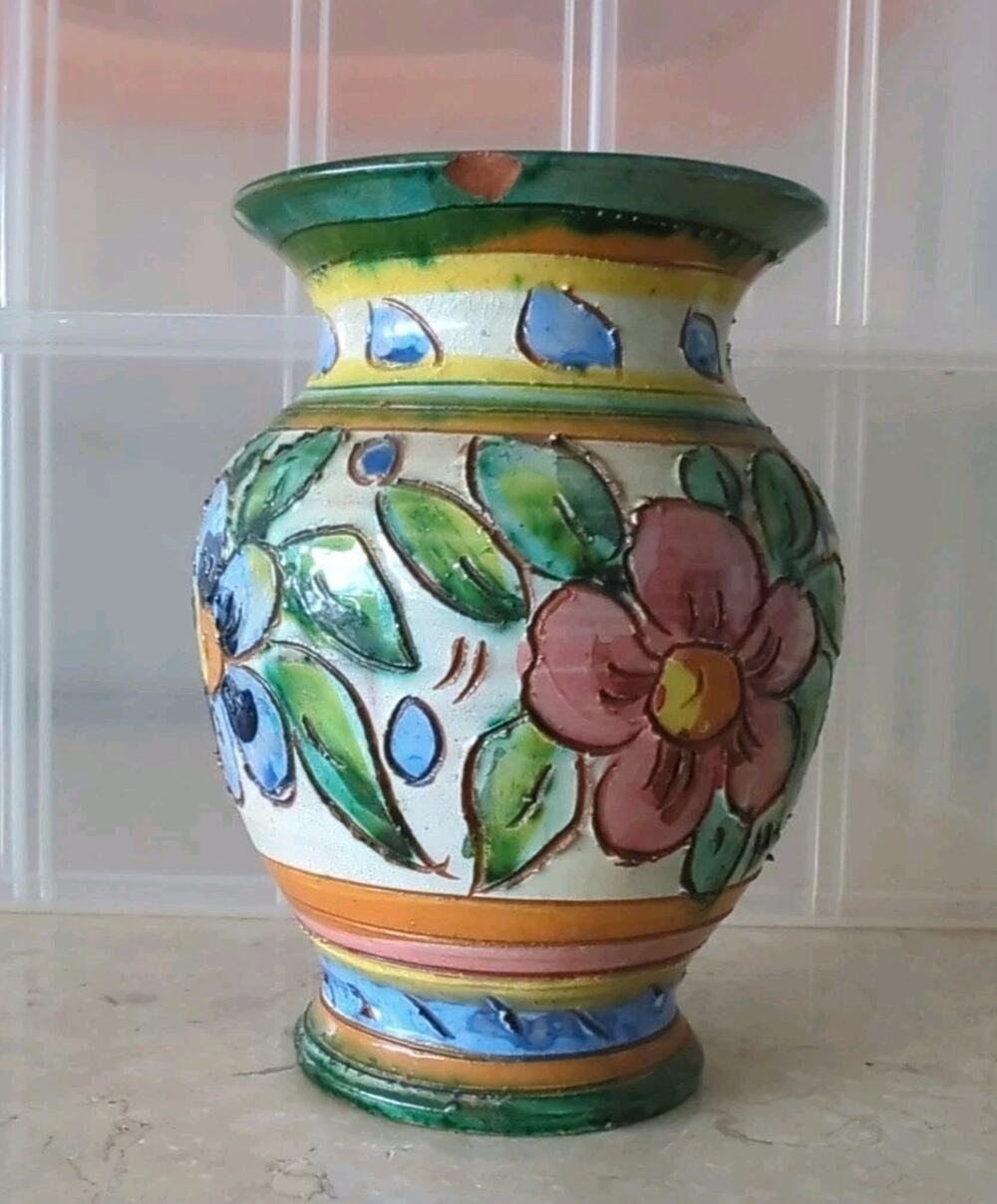 Vintage Italian Hand Painted Art Pottery Vase Multicolored Flowers-As Is